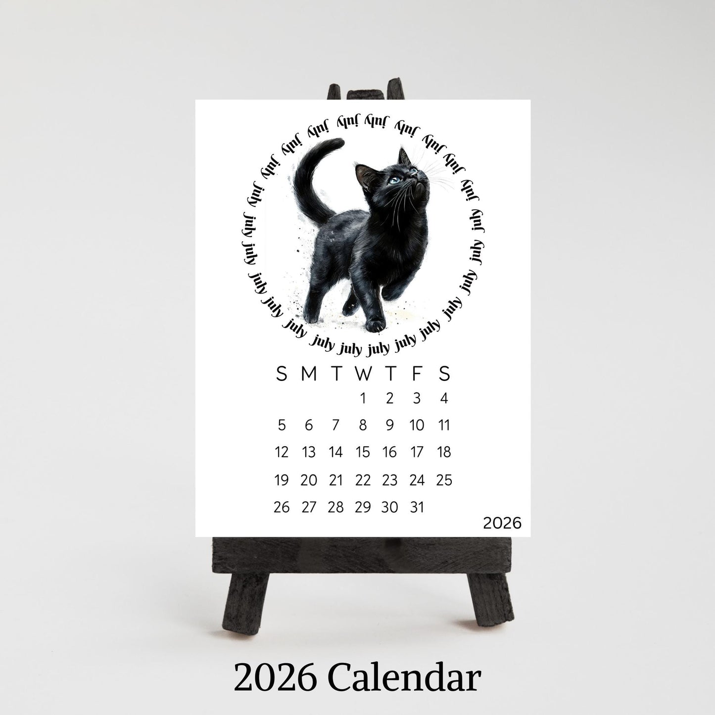 2026 Cute Black Cat Mini Desk Calendar – 3.3&quot; x 4.5&quot; Laminated, Optional Wood Easel Stand, Cat Lover Gift, Small Desktop Office Decor - The Pawprint Paperie