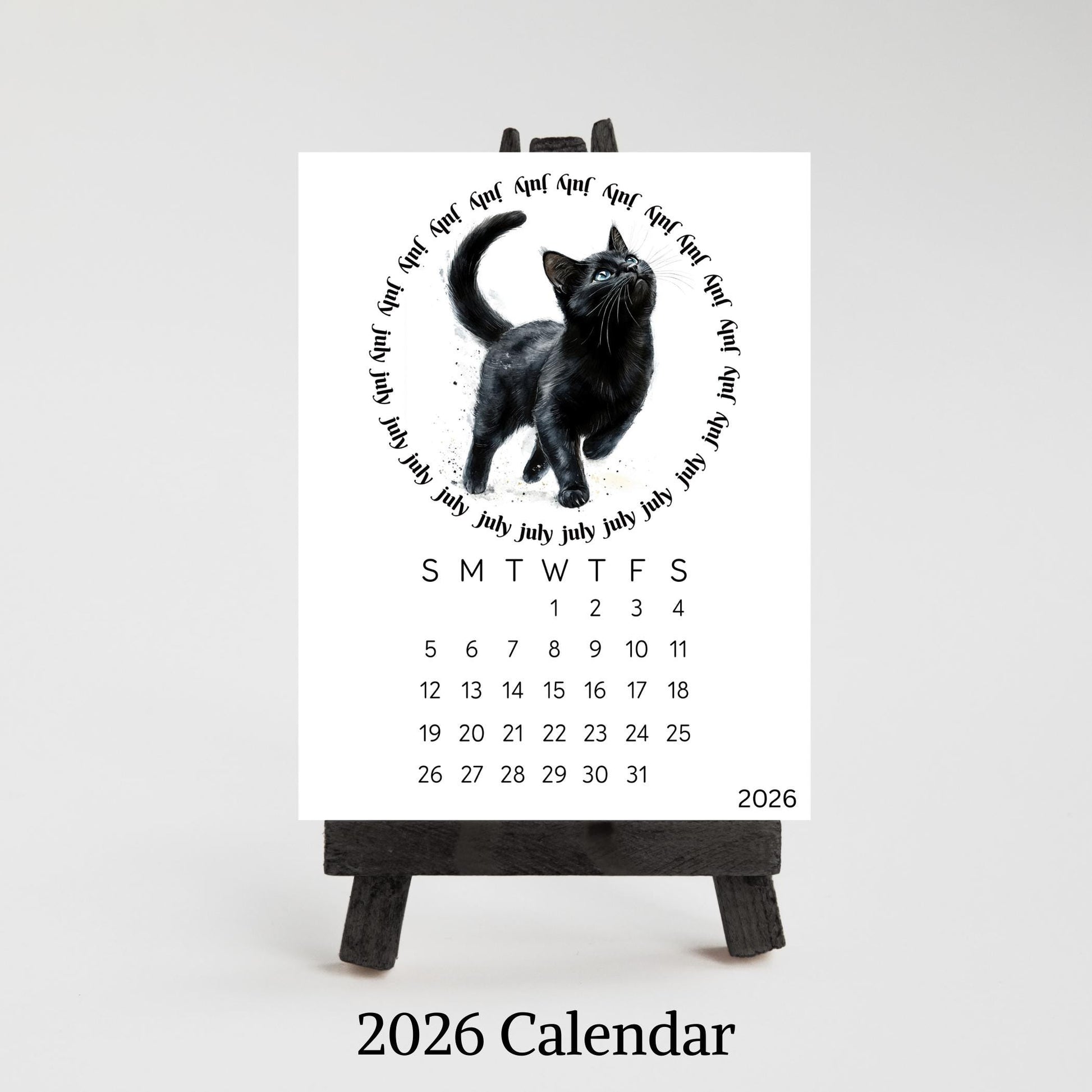 2026 Cute Black Cat Mini Desk Calendar – 3.3&quot; x 4.5&quot; Laminated, Optional Wood Easel Stand, Cat Lover Gift, Small Desktop Office Decor - The Pawprint Paperie