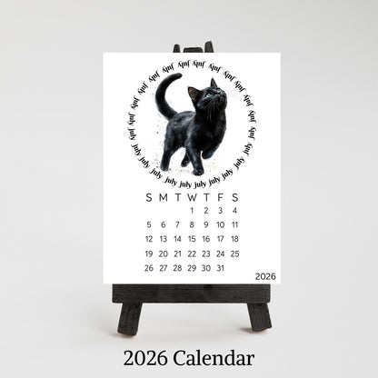2026 Cute Black Cat Mini Desk Calendar – 3.3&quot; x 4.5&quot; Laminated, Optional Wood Easel Stand, Cat Lover Gift, Small Desktop Office Decor - The Pawprint Paperie