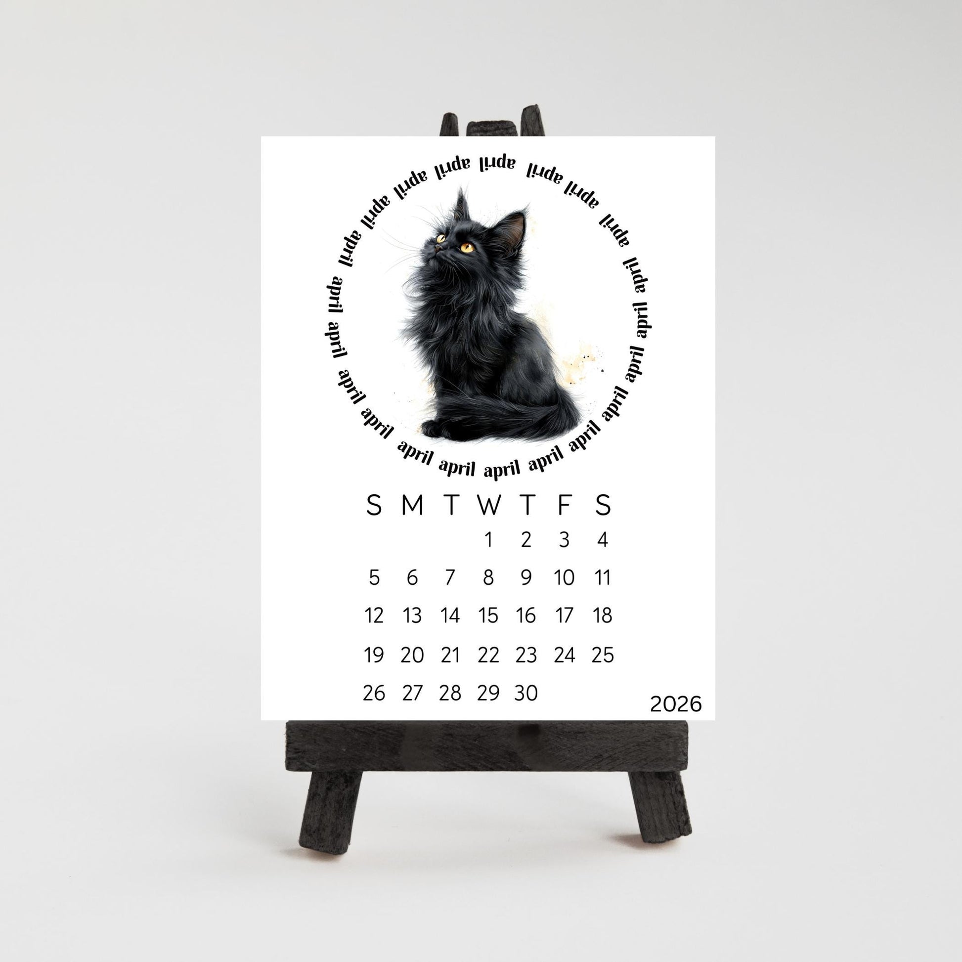 2026 Cute Black Cat Mini Desk Calendar – 3.3&quot; x 4.5&quot; Laminated, Optional Wood Easel Stand, Cat Lover Gift, Small Desktop Office Decor - The Pawprint Paperie