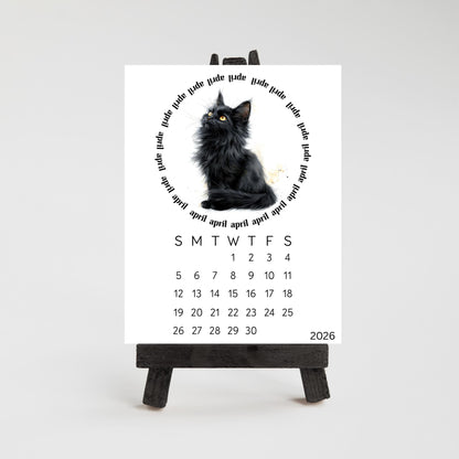 2026 Cute Black Cat Mini Desk Calendar – 3.3&quot; x 4.5&quot; Laminated, Optional Wood Easel Stand, Cat Lover Gift, Small Desktop Office Decor - The Pawprint Paperie