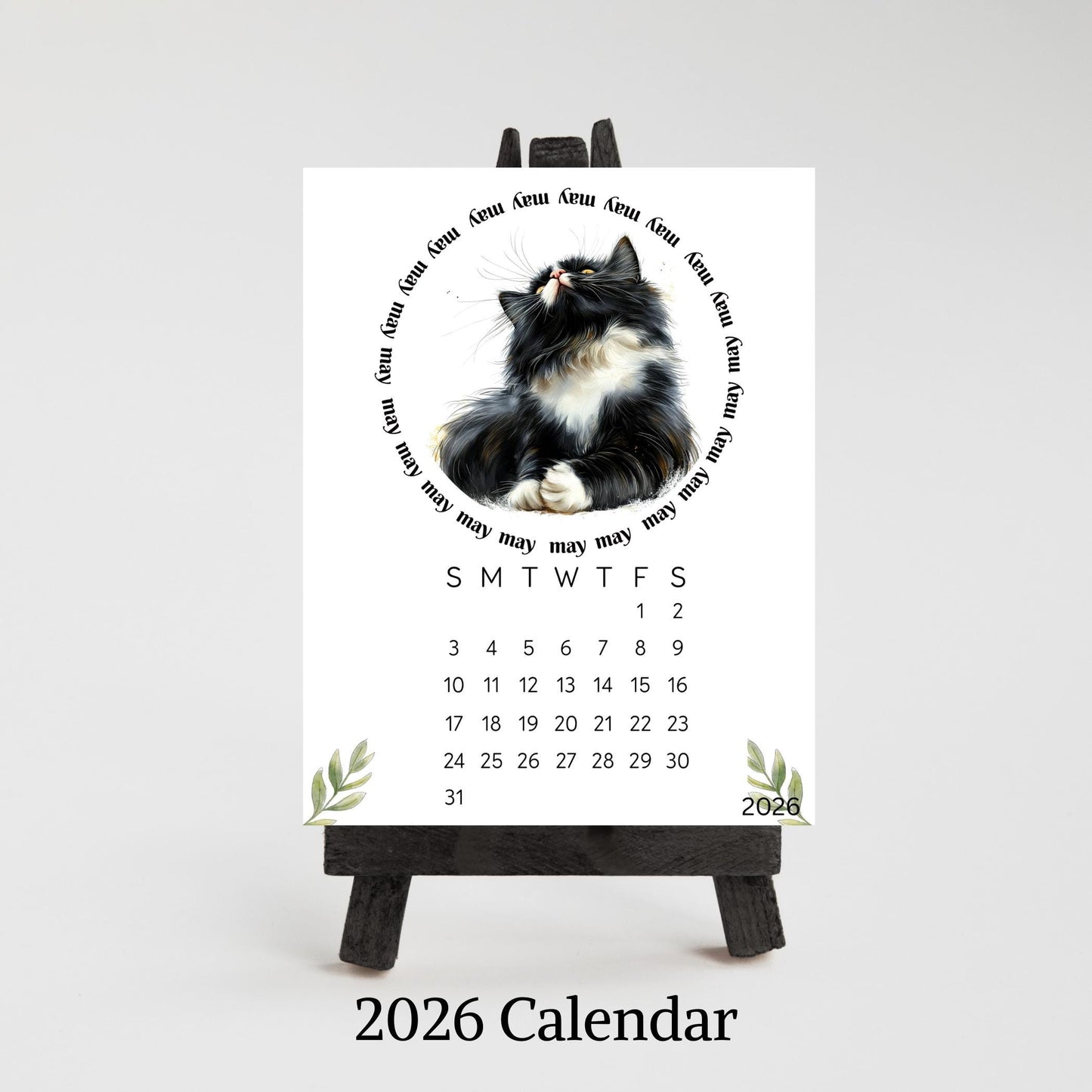 2026 Cute Black Cat Mini Desk Calendar – 3.3&quot; x 4.5&quot; Laminated, Optional Wood Easel Stand, Cat Lover Gift, Small Desktop Office Decor - The Pawprint Paperie