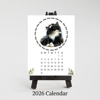2026 Cute Black Cat Mini Desk Calendar – 3.3&quot; x 4.5&quot; Laminated, Optional Wood Easel Stand, Cat Lover Gift, Small Desktop Office Decor - The Pawprint Paperie