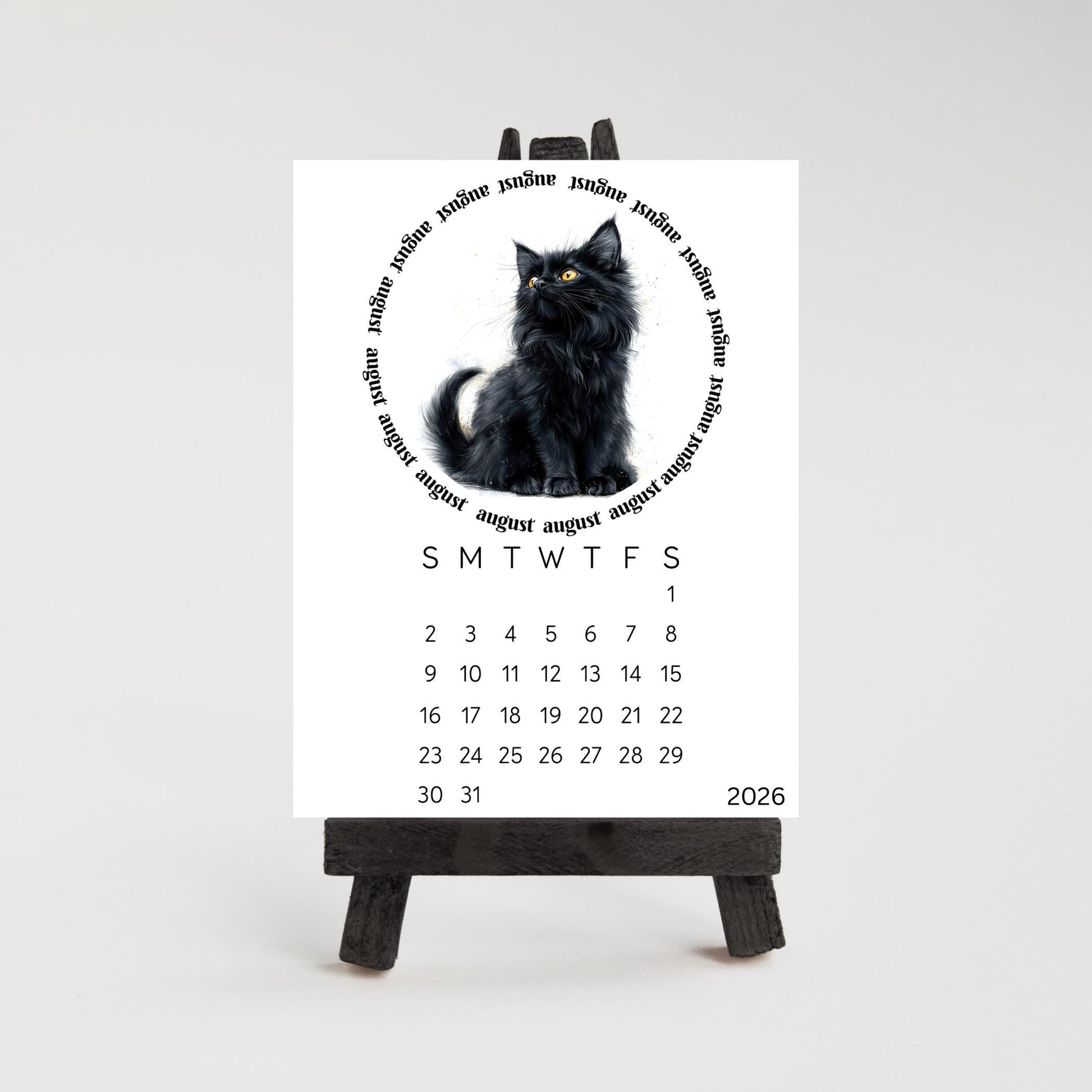 2026 Cute Black Cat Mini Desk Calendar – 3.3&quot; x 4.5&quot; Laminated, Optional Wood Easel Stand, Cat Lover Gift, Small Desktop Office Decor - The Pawprint Paperie