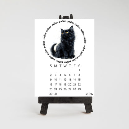 2026 Cute Black Cat Mini Desk Calendar – 3.3&quot; x 4.5&quot; Laminated, Optional Wood Easel Stand, Cat Lover Gift, Small Desktop Office Decor - The Pawprint Paperie