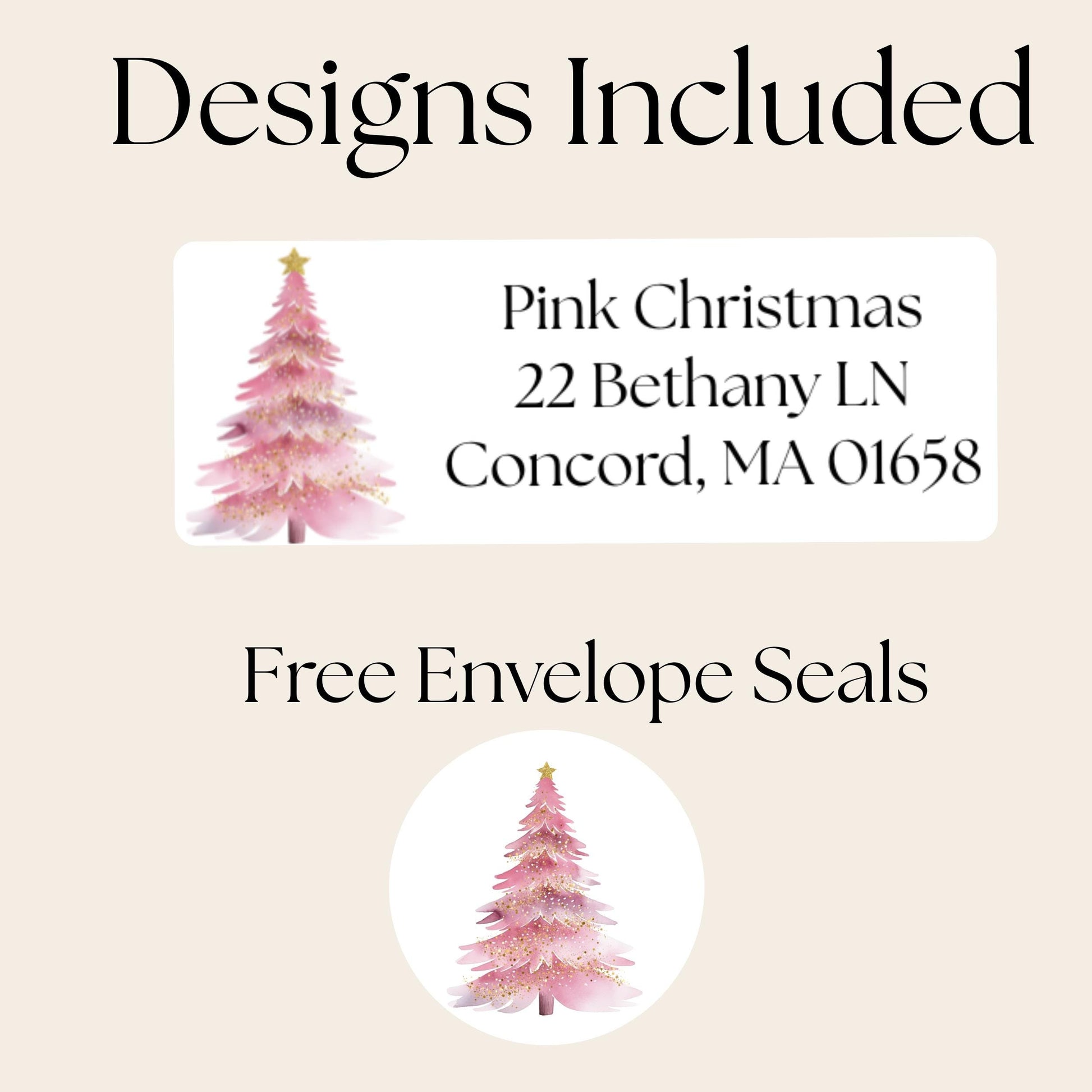 Pink & Gold Christmas Tree Return Address Labels: Complete with FREE envelope seal stickers - The Pawprint Paperie