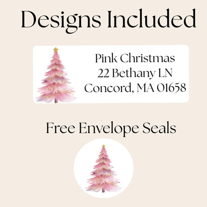Pink & Gold Christmas Tree Return Address Labels: Complete with FREE envelope seal stickers - The Pawprint Paperie