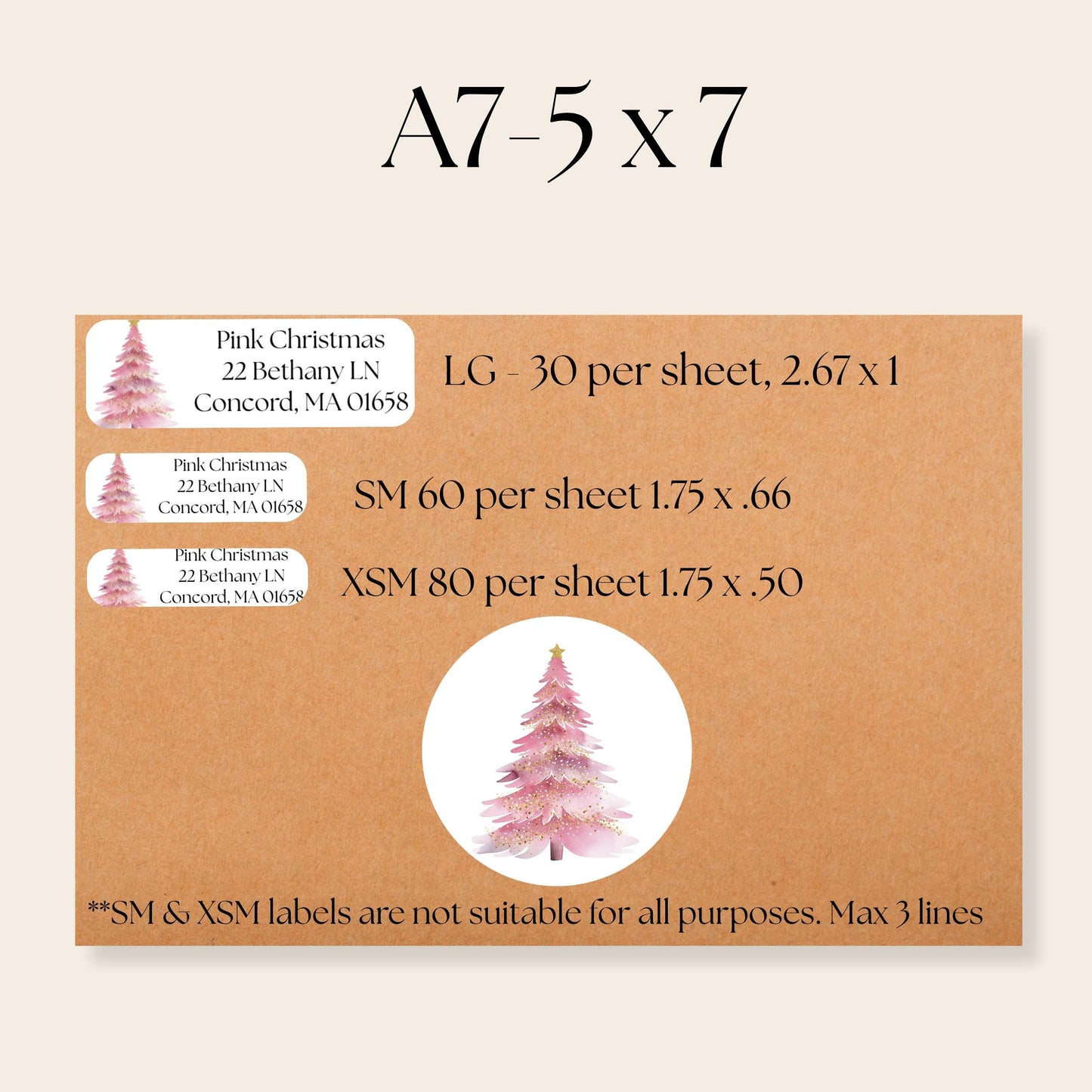 Pink & Gold Christmas Tree Return Address Labels: Complete with FREE envelope seal stickers - The Pawprint Paperie