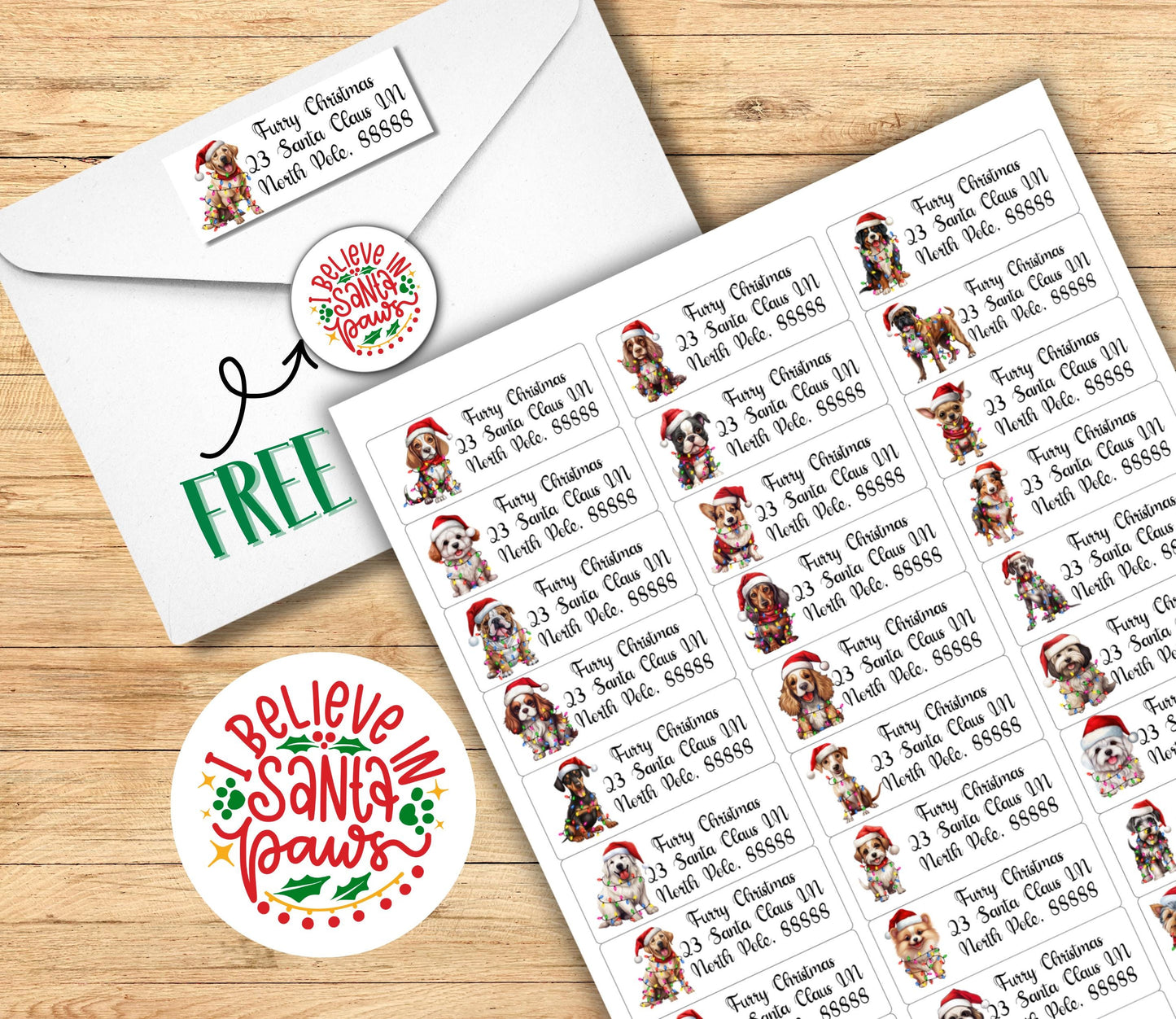 Christmas Dog Address Labels – Pets in Santa Hats & Holiday Lights – FREE Santa Paws Envelope Seal Stickers - The Pawprint Paperie