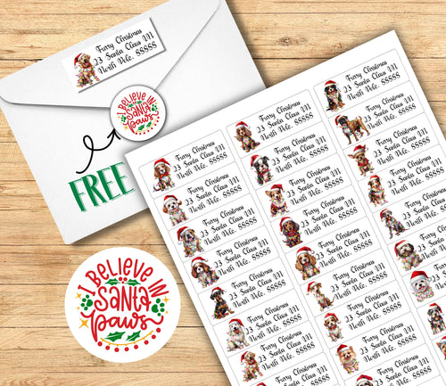 Christmas Dog Address Labels – Pets in Santa Hats & Holiday Lights – FREE Santa Paws Envelope Seal Stickers - The Pawprint Paperie