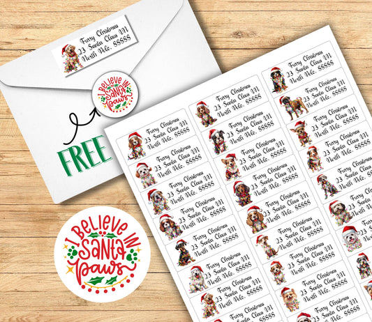 Christmas Dog Address Labels – Pets in Santa Hats & Holiday Lights – FREE Santa Paws Envelope Seal Stickers - The Pawprint Paperie