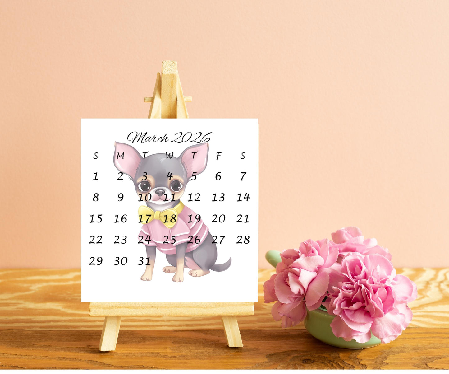 2026 Chihuahua Calendar, Mini Calendar for Small Desk Space, Optional Wood Display Stand, Special Gift for Chihuahua Mom, Cute Dog Calendar - The Pawprint Paperie