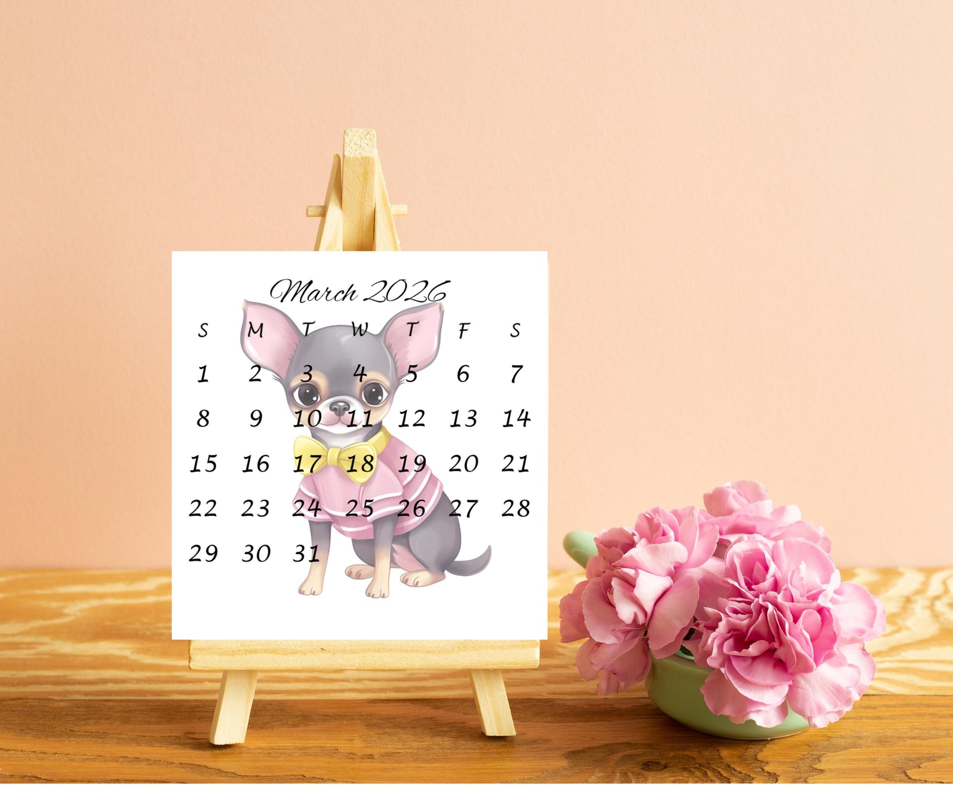 2026 Chihuahua Calendar, Mini Calendar for Small Desk Space, Optional Wood Display Stand, Special Gift for Chihuahua Mom, Cute Dog Calendar - The Pawprint Paperie