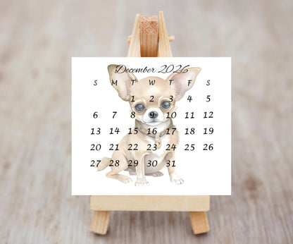 2026 Chihuahua Calendar, Mini Calendar for Small Desk Space, Optional Wood Display Stand, Special Gift for Chihuahua Mom, Cute Dog Calendar - The Pawprint Paperie