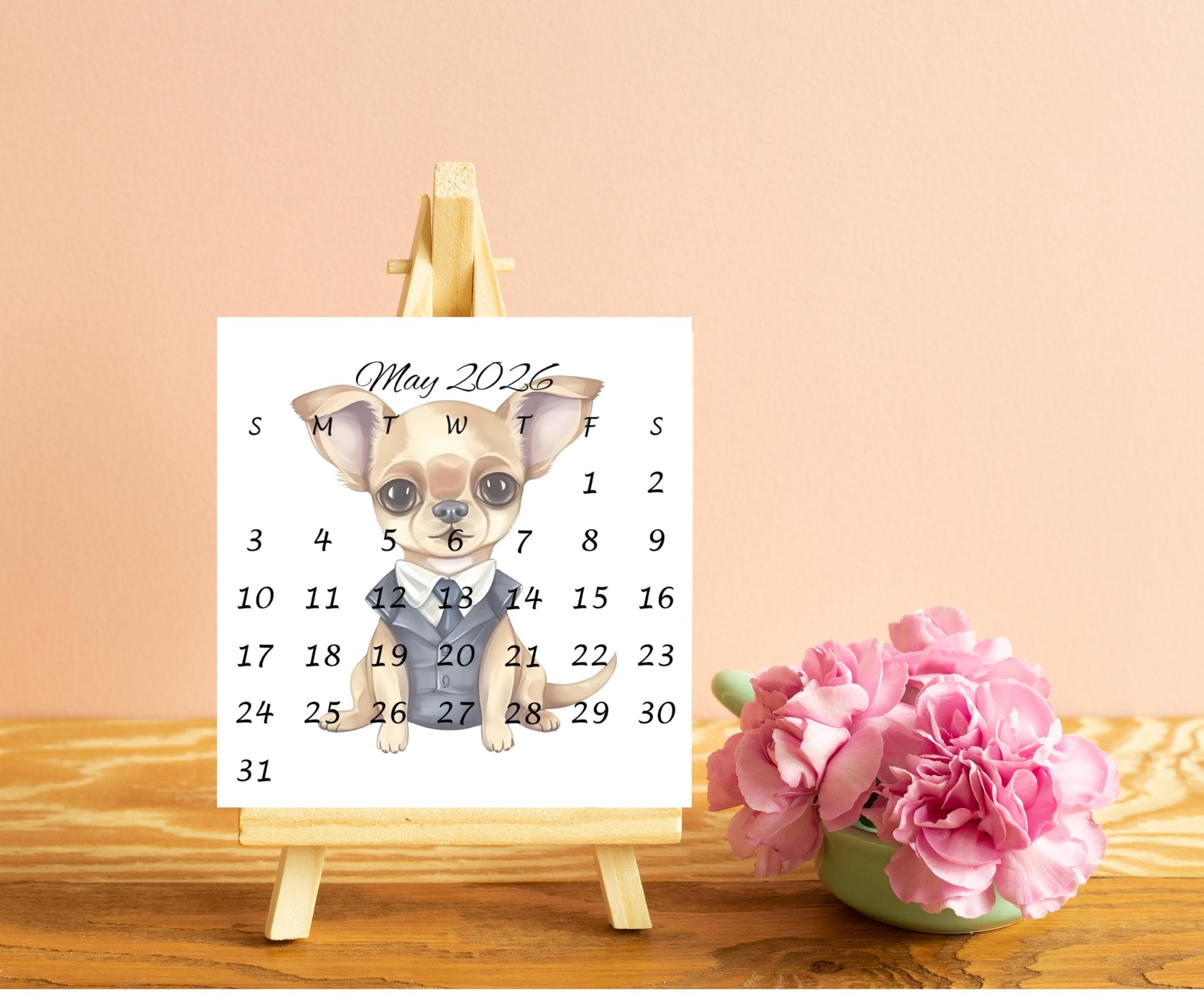 2026 Chihuahua Calendar, Mini Calendar for Small Desk Space, Optional Wood Display Stand, Special Gift for Chihuahua Mom, Cute Dog Calendar - The Pawprint Paperie