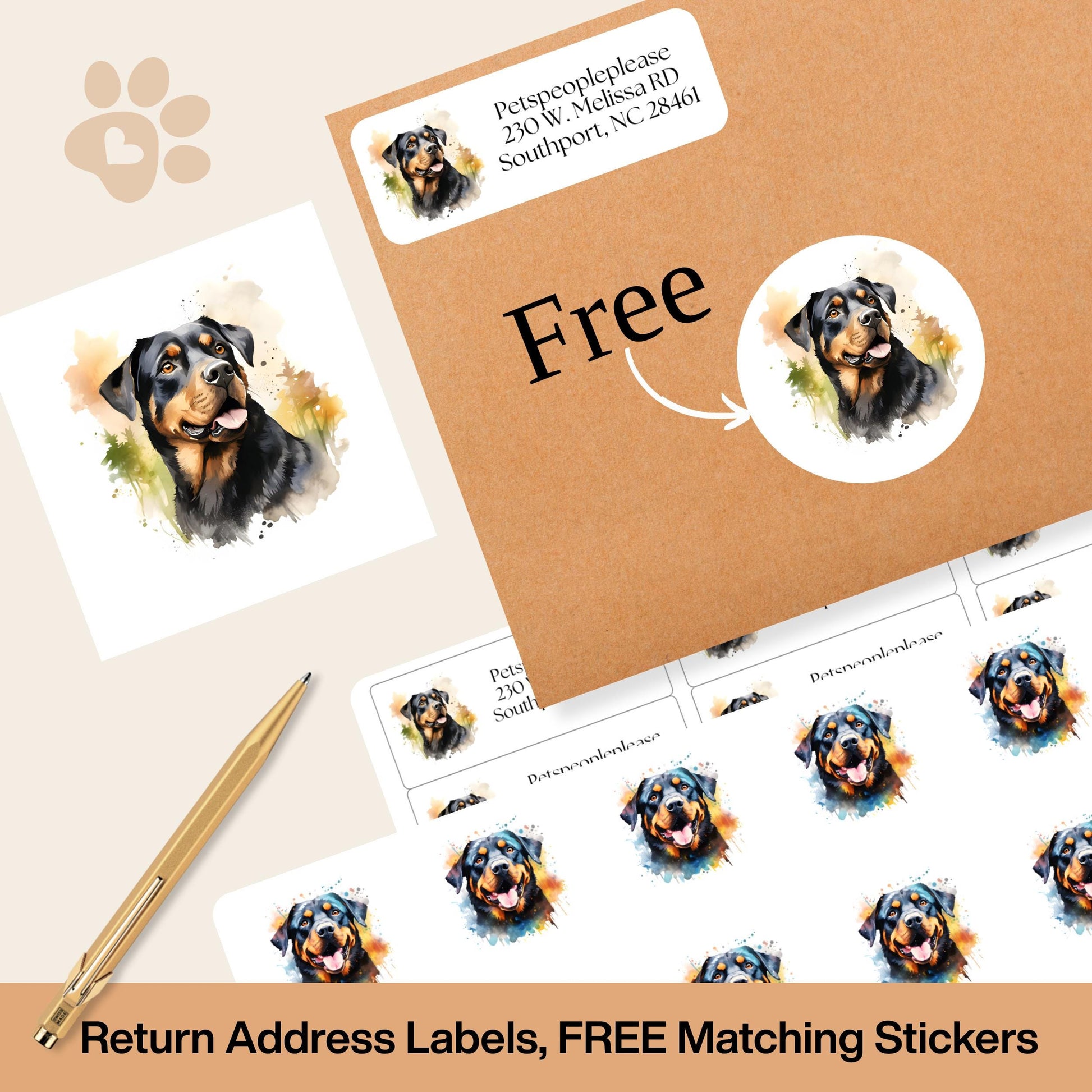 Personalized Rottweiler Return Address Labels – Custom Mailing Stickers with FREE Matching Envelope Seals – Unique Gift for Dog Lovers - The Pawprint Paperie